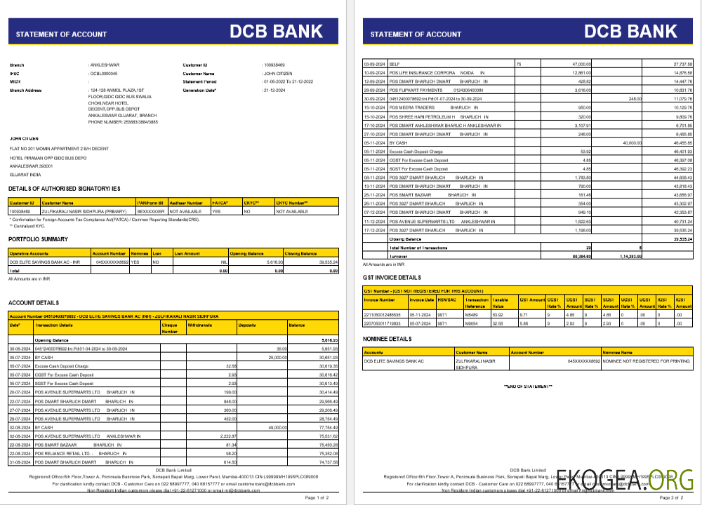 Modèle Word et PDF de relevé bancaire Inde DCB, 2 pages